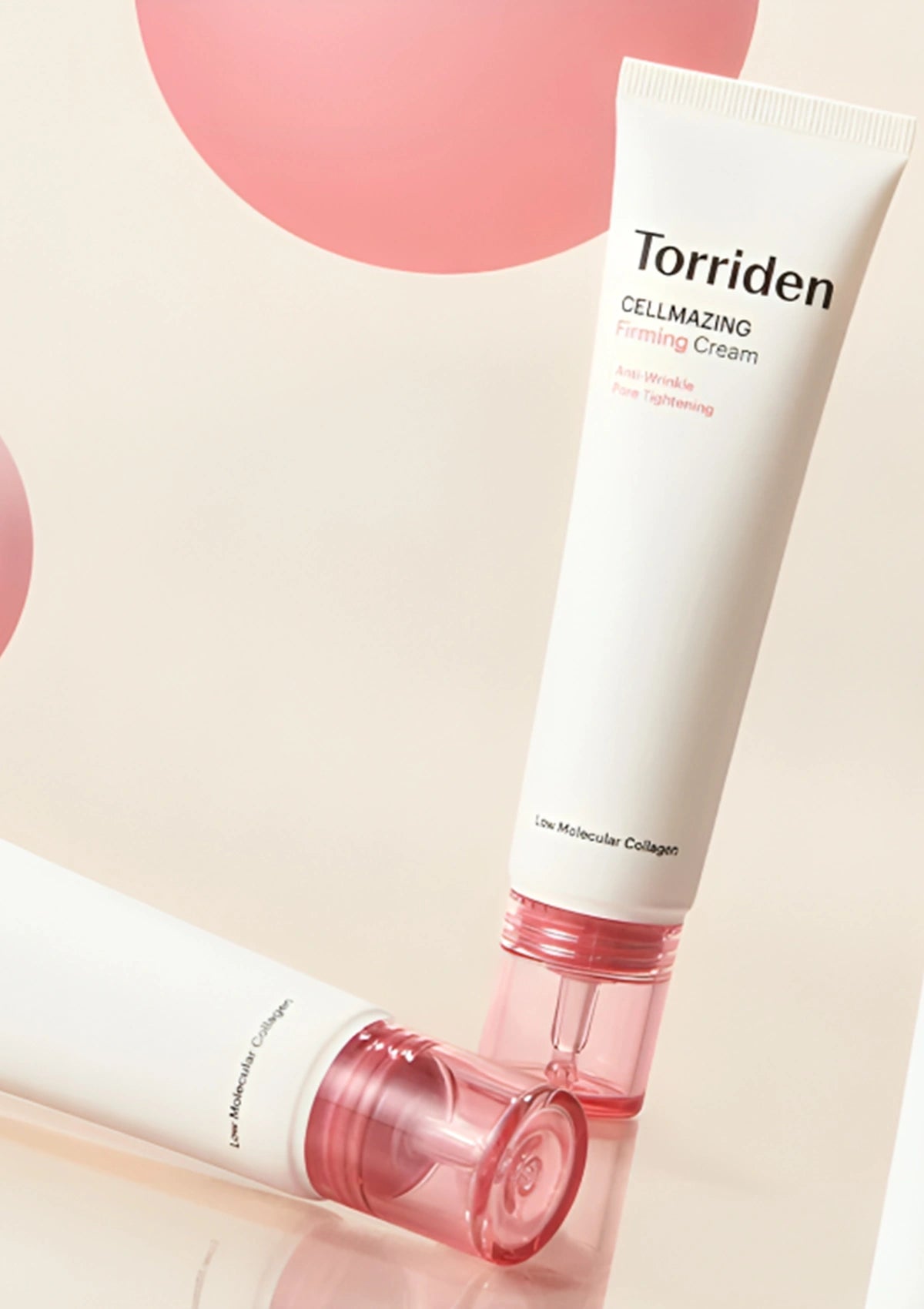 Two tubes of Torriden Cellmazing Firming Cream on a light pink background